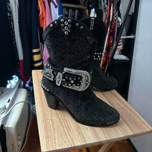 Glam Cowboy Ankle Boots with Rhinestone Buckle – Size 12